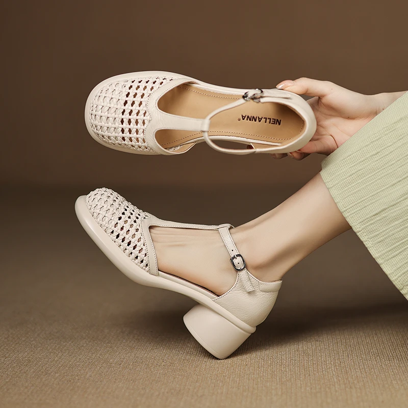 羊皮 7厘米 34-40百搭夏季真皮软底复古包头镂空粗跟丁字带凉鞋