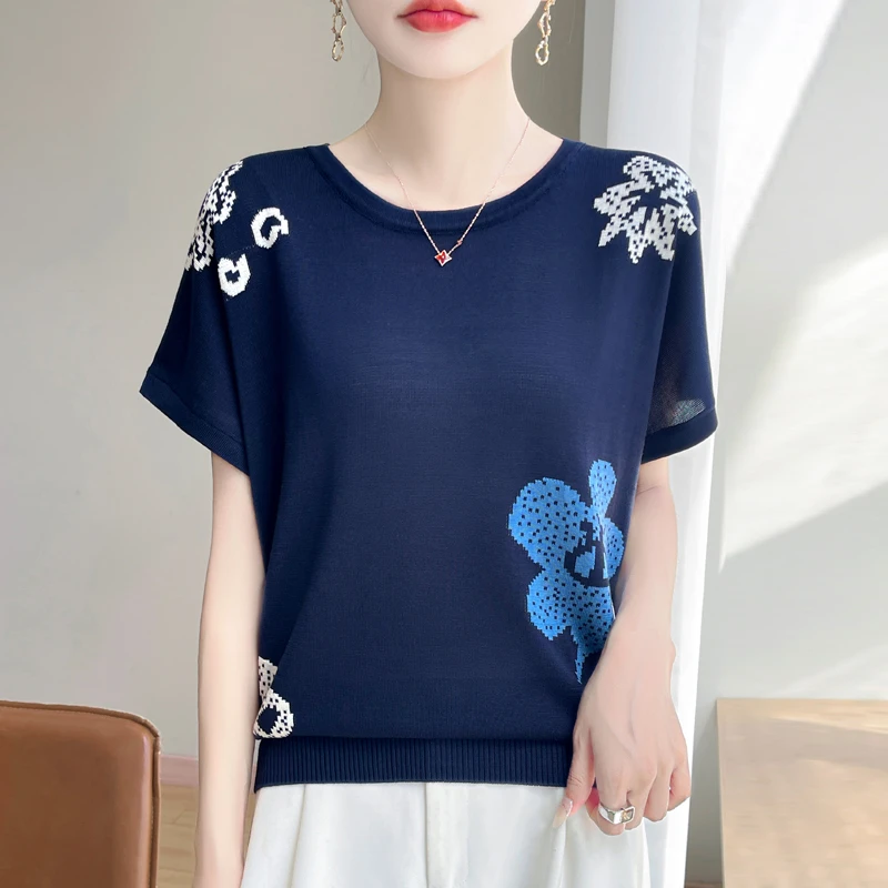 夏季新款100莱赛尔天丝花朵蓝色针织短袖凉爽透气洋气百搭宽松