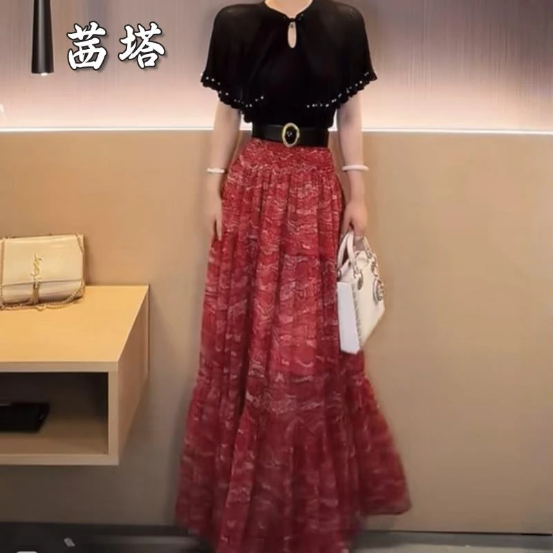 胖mm氛围感红色印花长裙夏季新款时尚减龄百搭显瘦气质a字半身裙