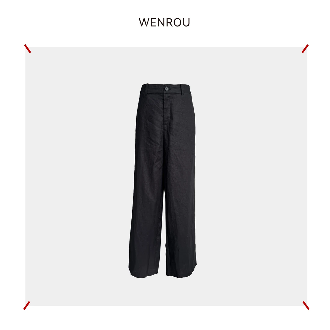 温柔自知 直筒 黑色 意大利 亚麻 休闲裤PT047