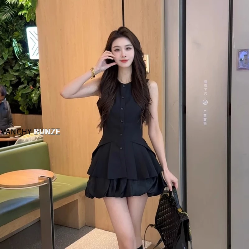 BUNZE 甜美风气质无袖背心连衣裙花苞半身裙两件套女夏季新款高级
