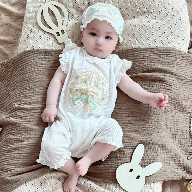 素雅新中式刺绣夏装婴儿夏季凉爽网眼棉连体衣宝宝百岁哈衣Z1208