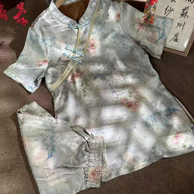 夏季新款新中式国风百搭斜襟盘扣减龄复古套装休闲复古宽松两件套