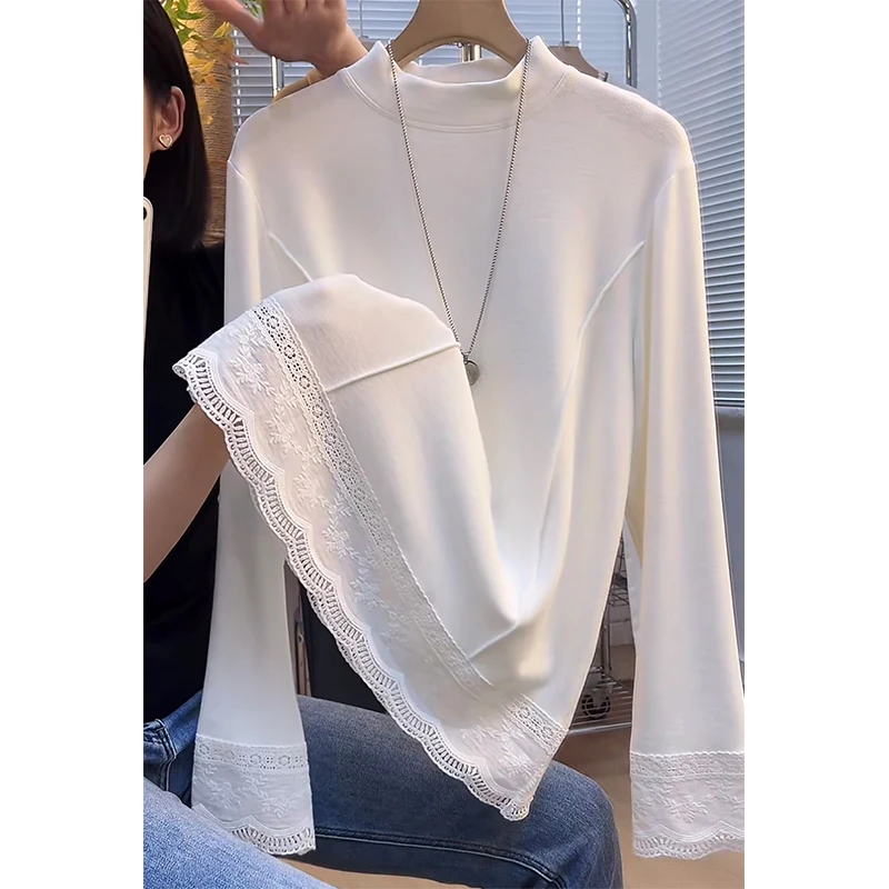 法式蕾丝拼接双面德绒上衣女2025秋冬新款加厚保暖气质显瘦T恤衫