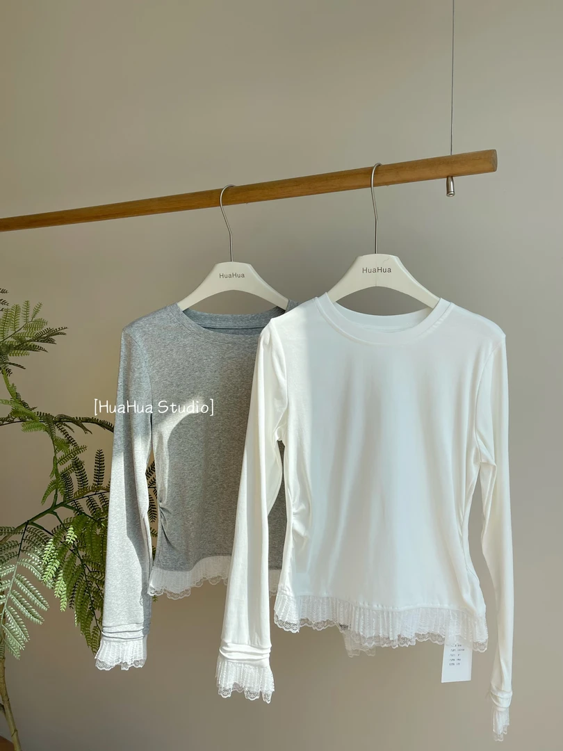 【花花】半甜主义~蕾丝拼接腰部捏褶修身显瘦圆领T恤