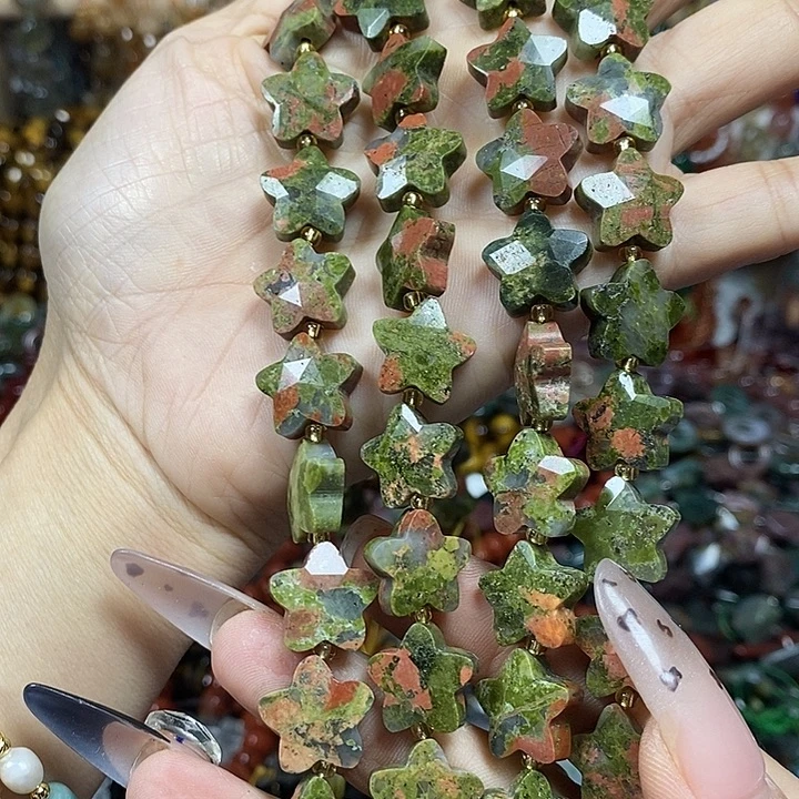 玛瑙/玉髓未镶嵌珠宝半成品天然花绿宝切面五角星卡14mm