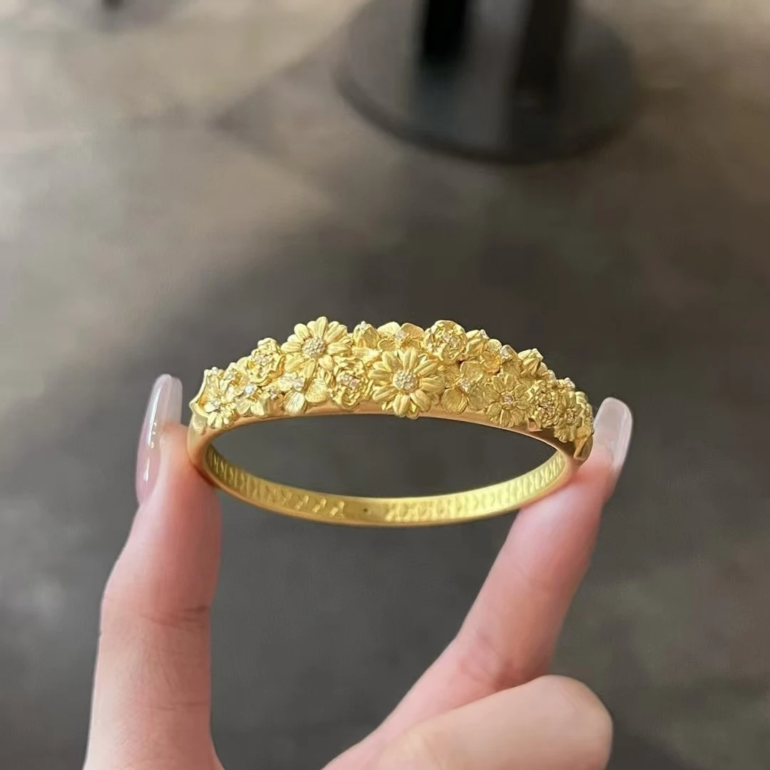 【618惊喜活动】黄金足金999繁花锦簇5D镶嵌黄金手镯时尚个性精致