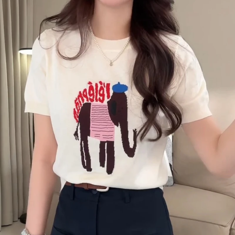 新款"小象"提花设计休闲圆领短袖上衣LK2502779