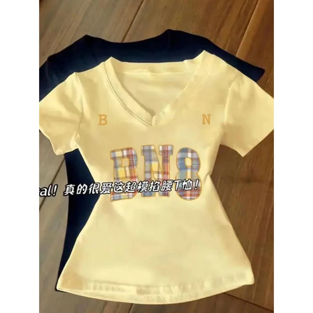 运补（6）纯棉纯欲风V领字母掐腰正肩短袖T恤女夏季修身显瘦漫画腰