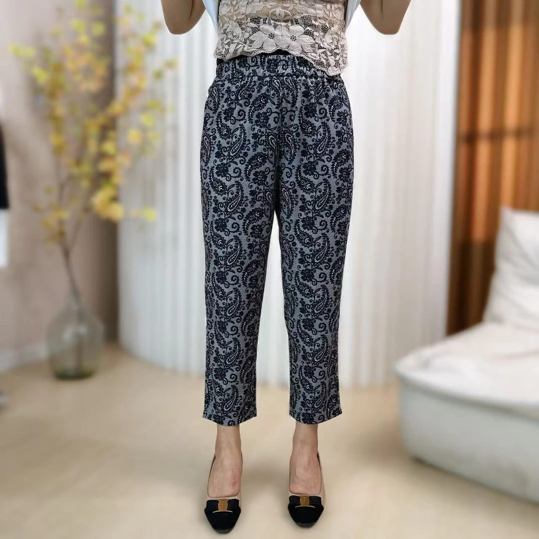 T-91夏季腰果花网眼棉透气宽松显瘦高腰大码时尚休闲裤