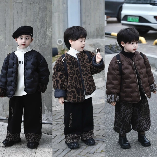 【现货】SUPER JIMMY 一衣两穿 冬季儿童双面穿豹纹羽绒服外套