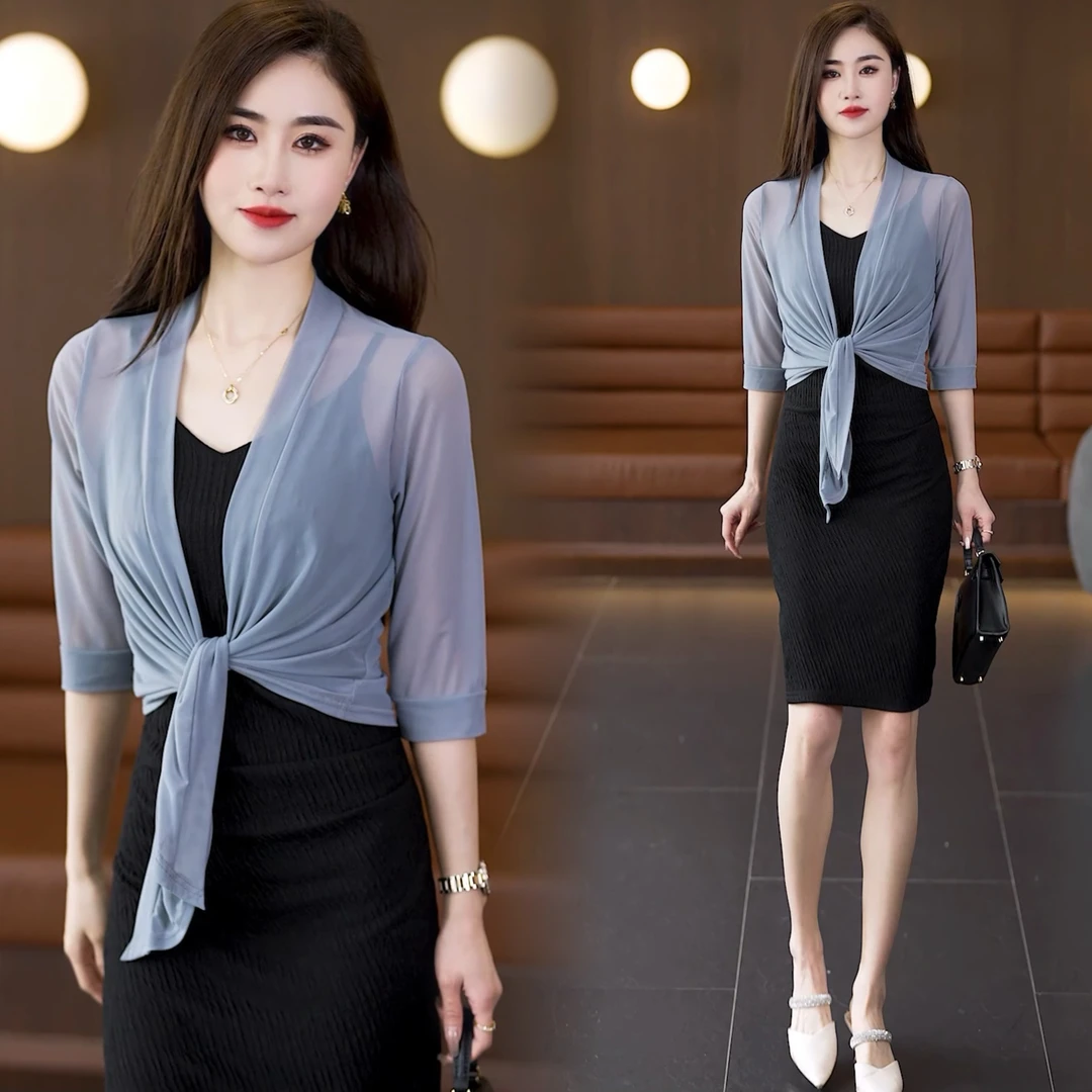 小坎肩披肩短袖搭配吊带裙子外搭罩衫夏季防晒女薄款开衫网纱外套
