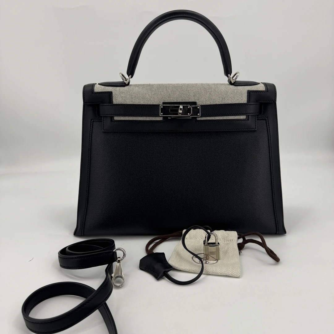 99新 Hermes/爱马仕 kelly32黑色 黑色拼帆布银扣X刻 手提包