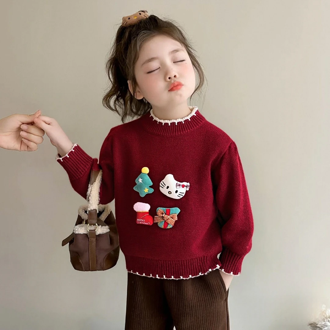 女童毛衣秋冬季2025新款洋气宝宝可爱圣诞红色加绒加厚针织衫上衣