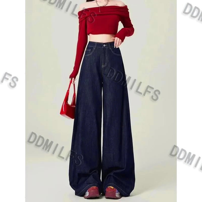 丹宁蓝色阔腿牛仔裤女设计感大码百搭高腰宽松垂感