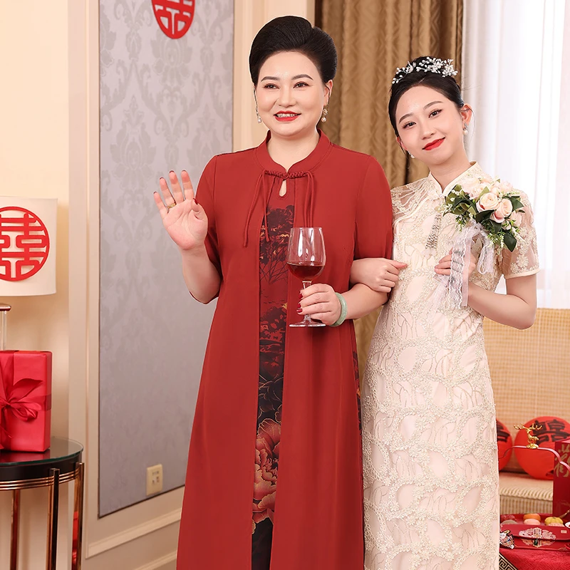 胖妈妈连衣裙中老年女装洋气七分袖假两件连衣裙中式春夏WH25019