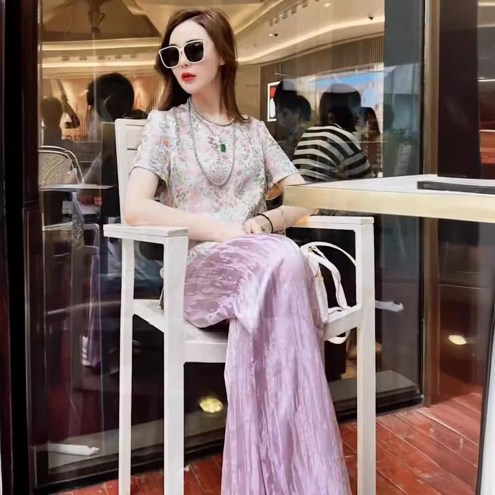 小香风时尚气质植物印花别致纹路阔腿裤2025夏新款休闲贵气两件套