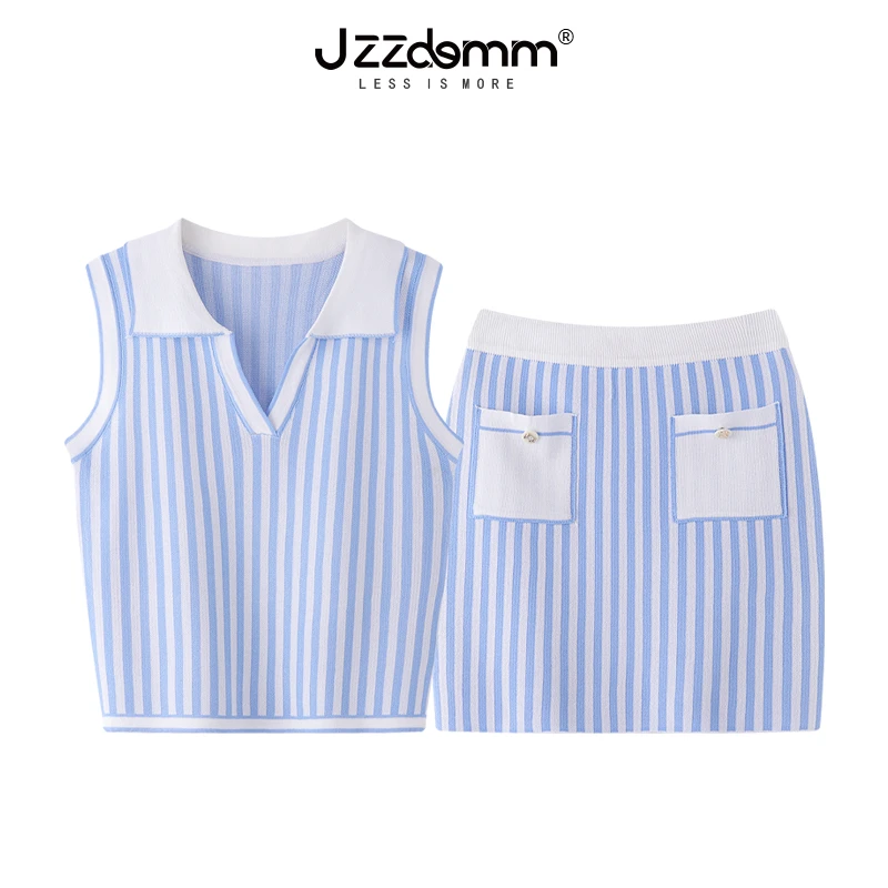 九州诚品/JZZDEMM时尚套装女2025年新款竖蓝条背心短裙针织两件套