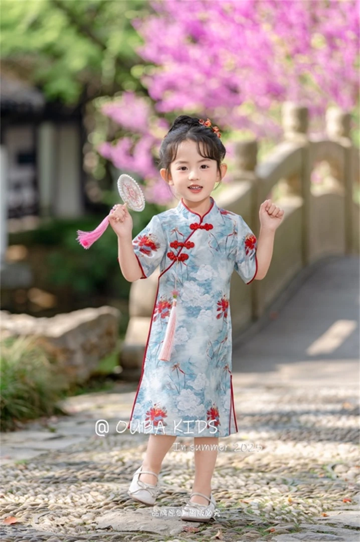 【现货】252-OB-258193蓝色 女童2025年夏季新款复古旗袍汉服童装