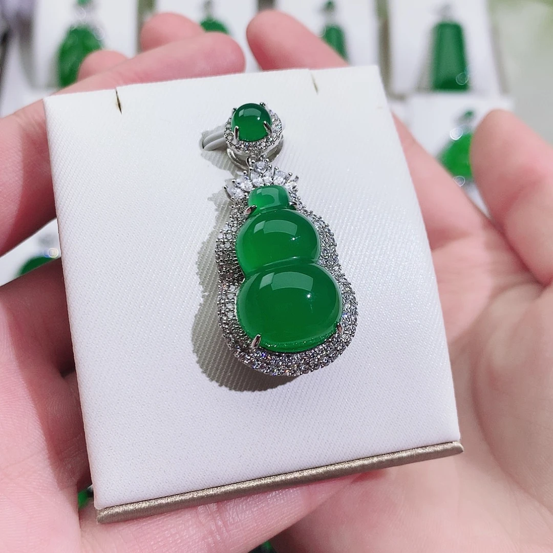 ****灵玛瑙/玉髓未镶嵌颈饰纯天然珠宝玉石正品满钻葫芦吊坠银