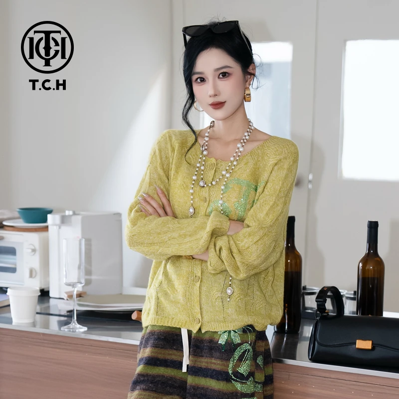 TCH私服秋冬氛围感烫钻时尚淑女黄色针织开衫T75C43E5060X轻奢tch