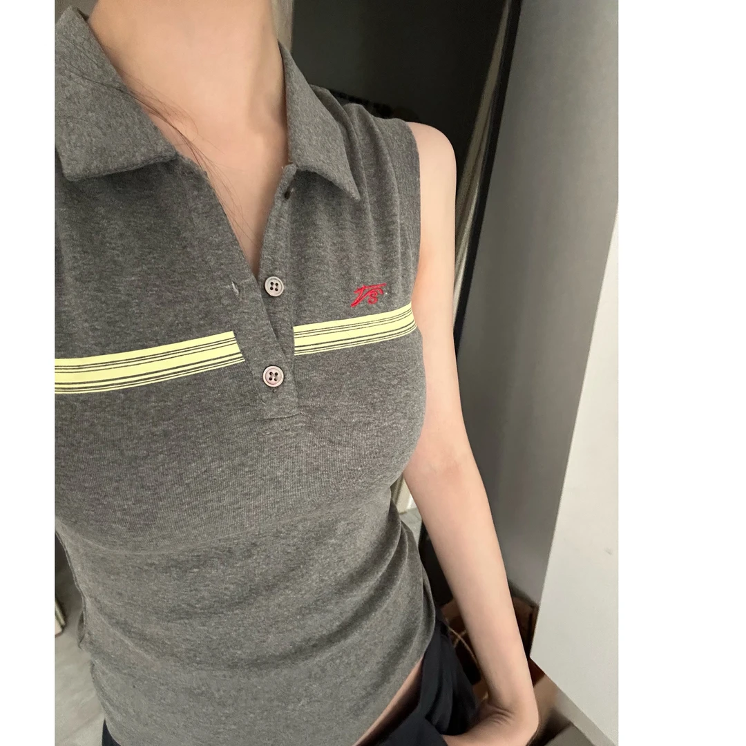 魚叁 复古polo领无袖上衣翻领麻灰色短款美式收腰无袖背心百搭女