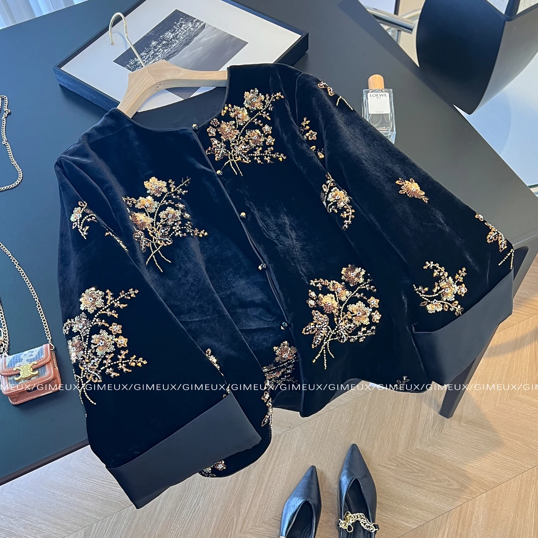 新中式国风轻奢丝绒刺绣外套女2025秋冬款设计感高级感气质上衣潮