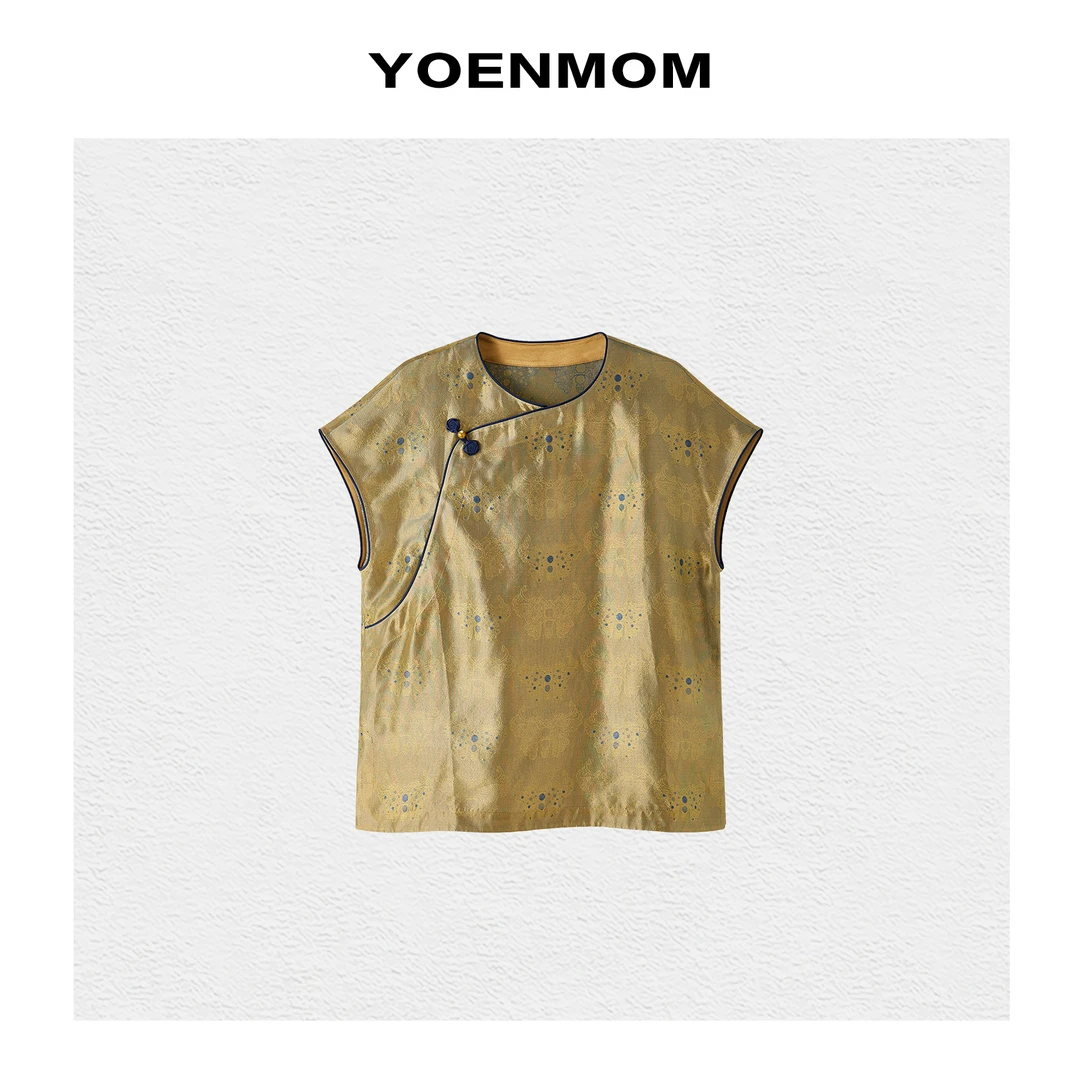 YOENMOM·福蝶·100桑蚕丝云锦罗轻薄舒适透气斜襟大漆扣圆领上衣