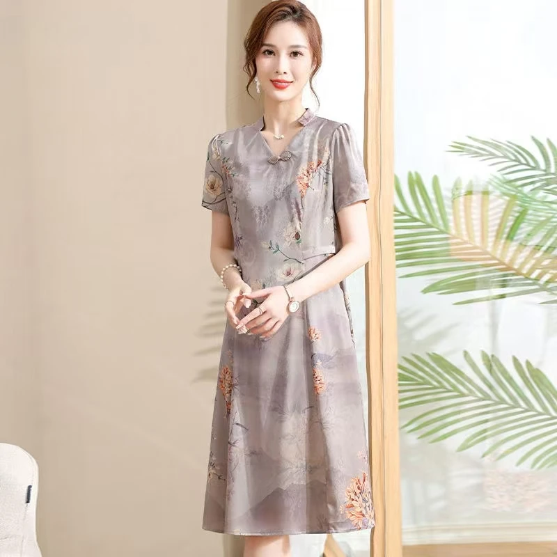 10019-中年妈妈夏装时尚短袖连衣裙新款洋气中长款裙子中老年女装