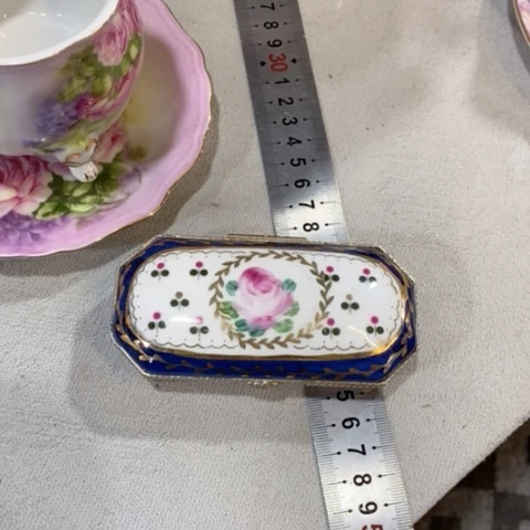 摆件老货铜配瓷半手绘首饰盒