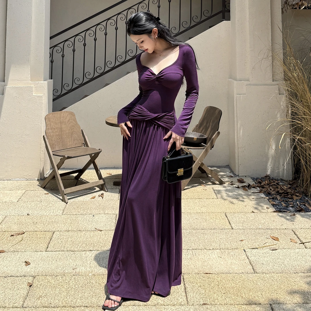 法式纯欲温柔风紫色韵味长袖连衣裙扭结秋季新款收腰设计感长裙