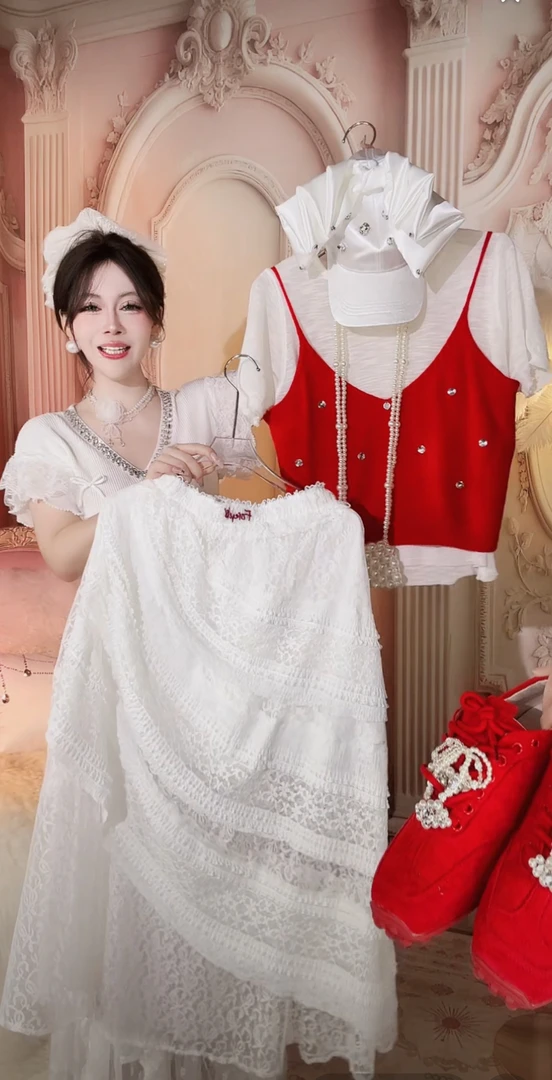 【崔】B0108 蕾丝花边半身裙女秋季美式辣妹外搭层次纱裙中长款裙子