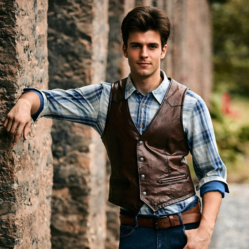 MCS紧身版皮背心美式休闲绵羊皮坎肩V领男士马甲秋冬款CW25WV711M