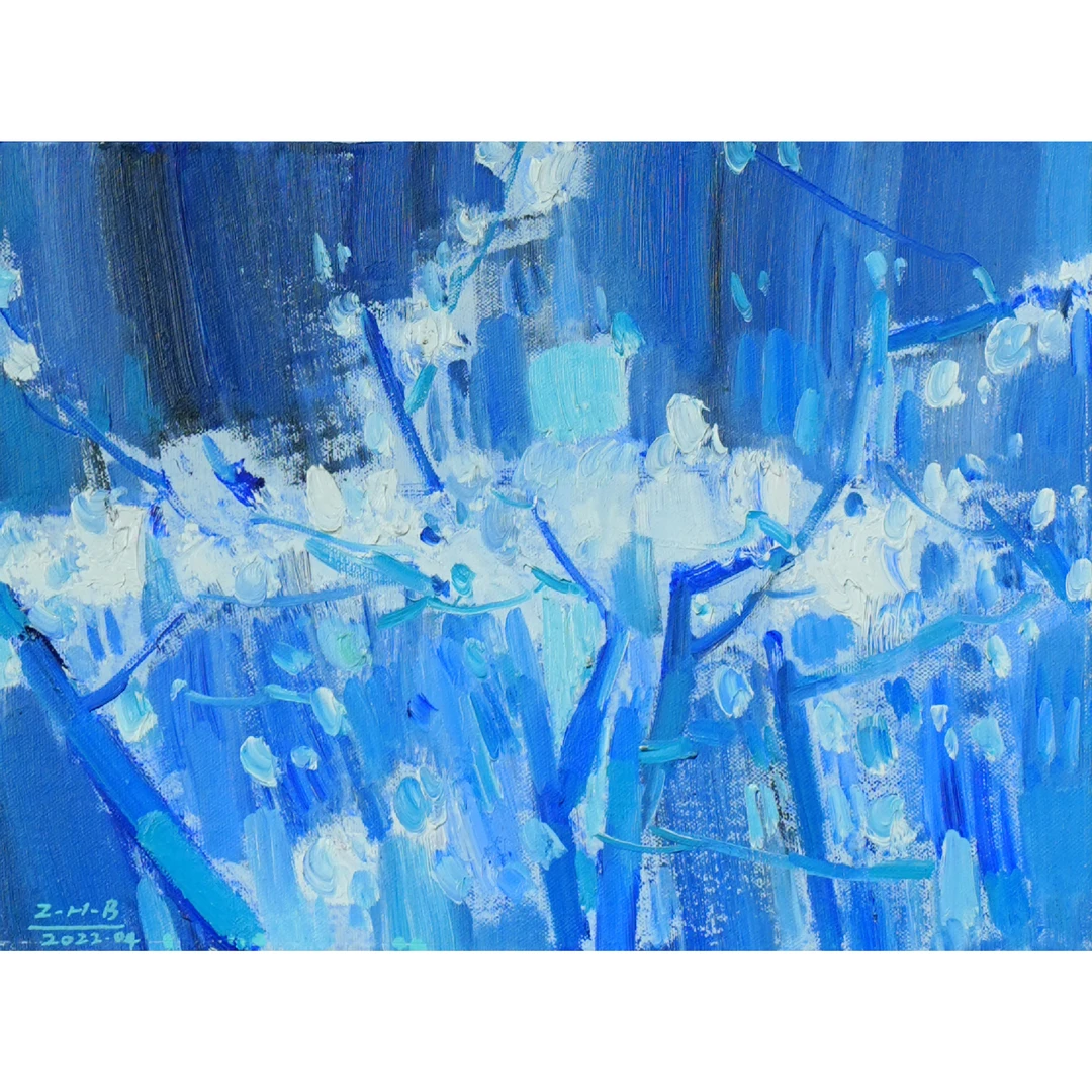 1954 翟海滨《繁花.蓝调》，规格：30cm×40cm，材质：布面油画