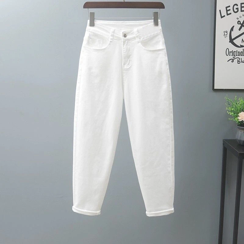 白色哈伦牛仔裤女秋冬季加绒2025加厚高腰显瘦九分小脚老爹裤子