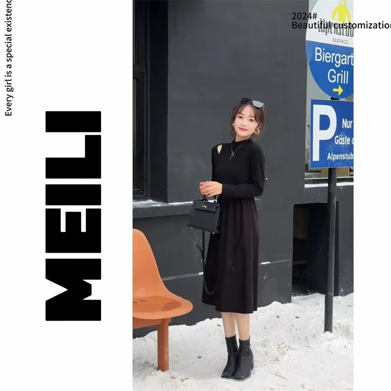 【美丽定制】春季新款半高领过膝长袖荷叶边打底连衣裙1223