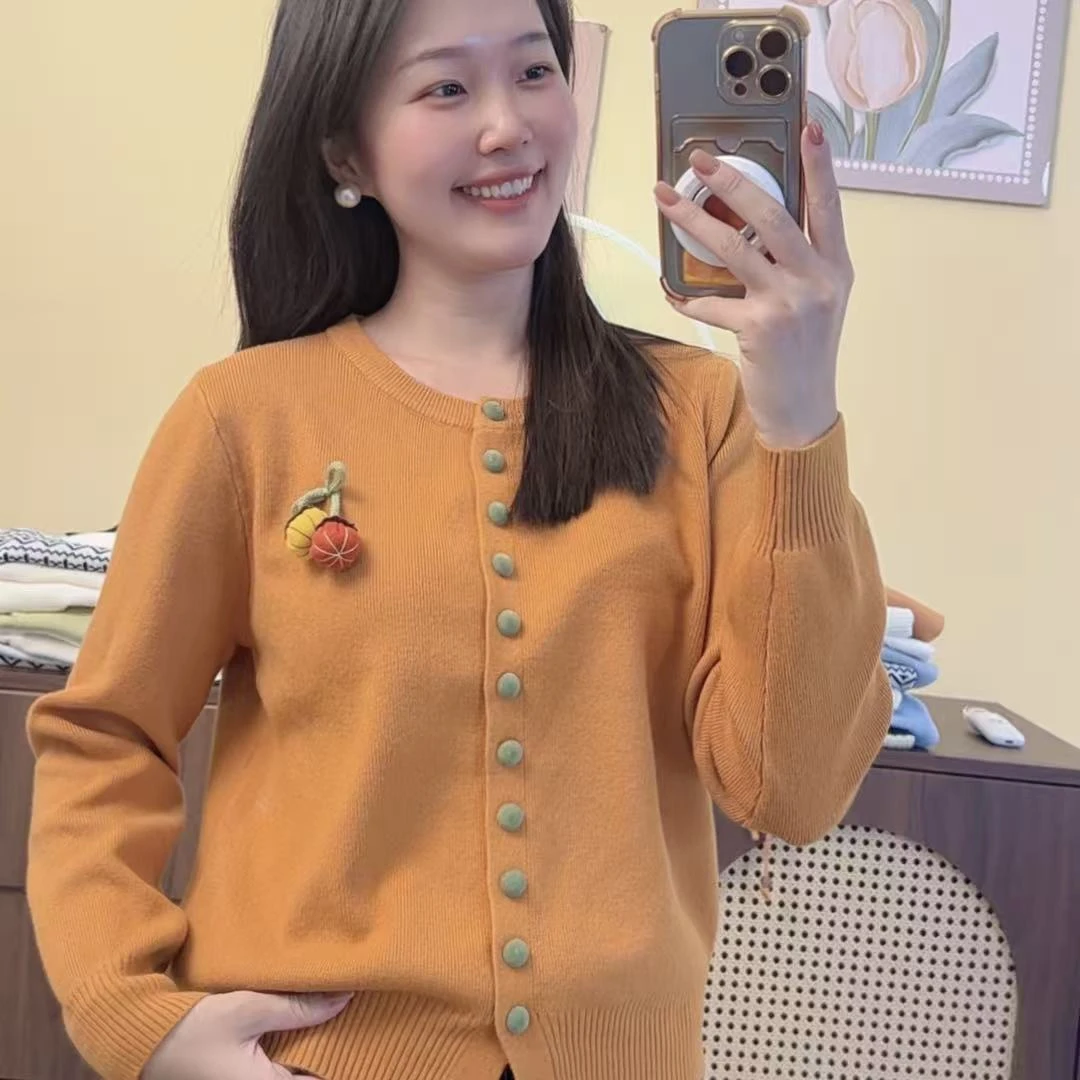 【立体南瓜】植绒纽扣开衫针织上衣早秋新款秋冬保暖毛衣Y0031桔