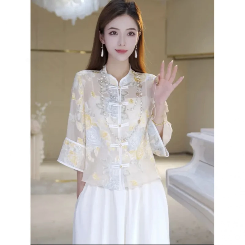 【国色天香】春夏绣花新中式外套提花衣+时尚高腰直筒裤套装