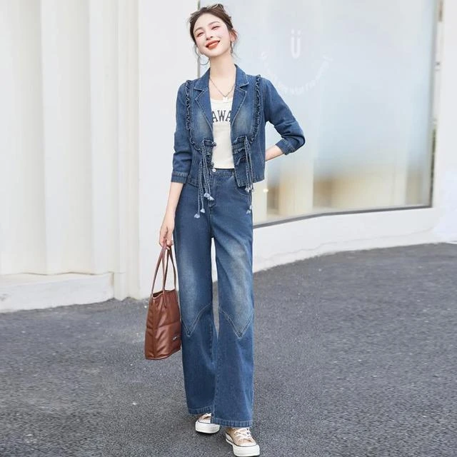 牛仔阔腿裤套装女2025春秋新款时尚休闲减龄显瘦短外套洋气两件套
