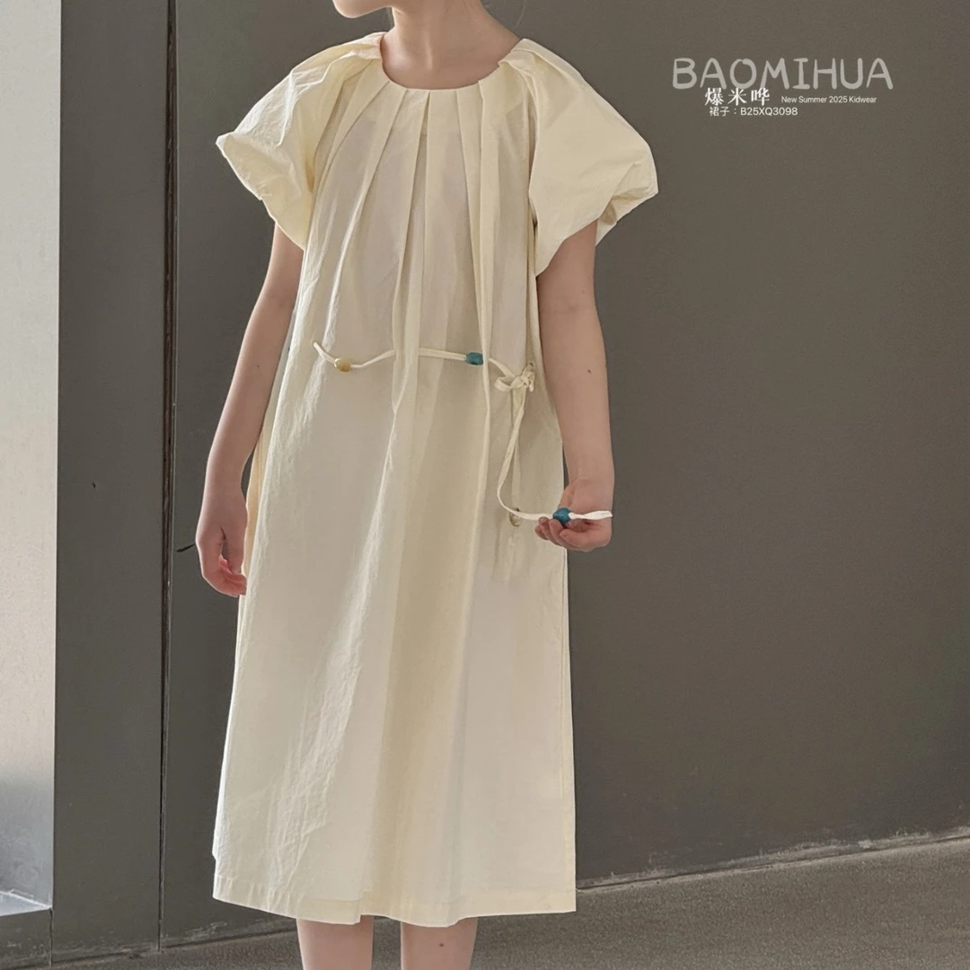 3098童装纯色抽腰连衣裙