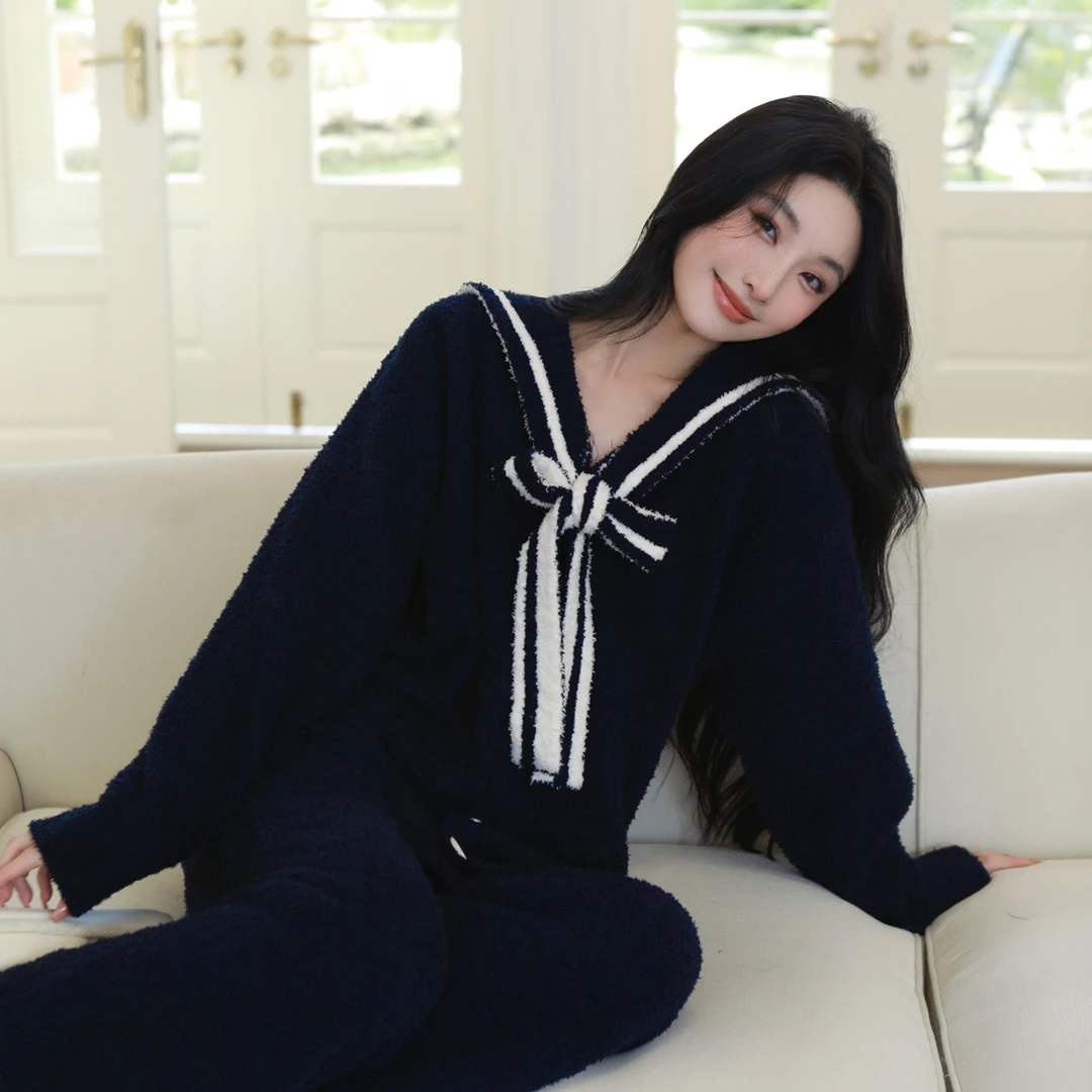 【超韩学院】半边绒小众时尚设计休闲海军领可外穿保暖睡衣女家居服