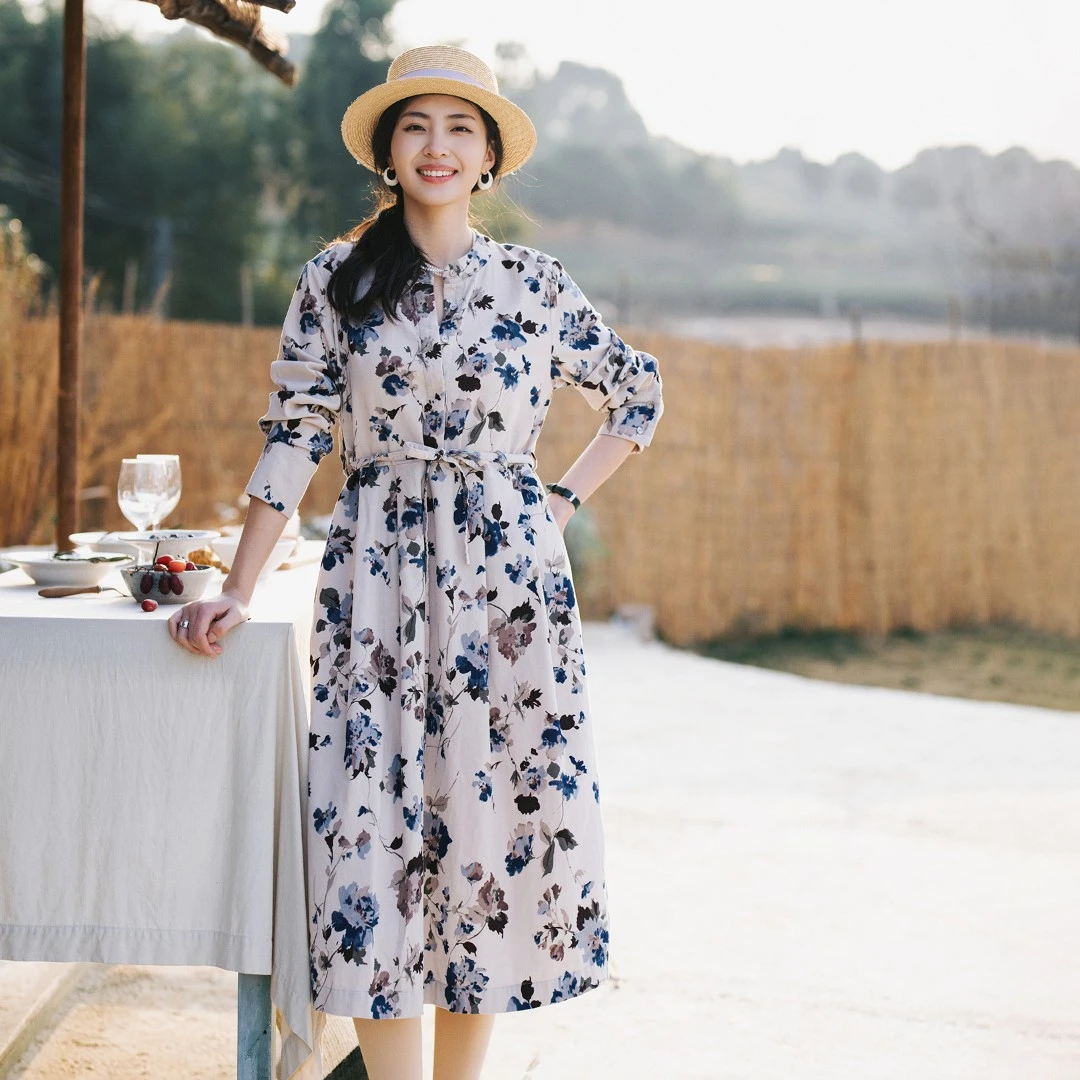 梭家｜花入梦｜优雅民族风全棉灯芯绒春天女长袖连衣裙花色中长裙