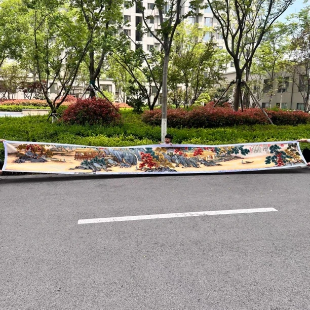 纯手工绣好的十字绣成品溪山渔隐图全景图山水画传世名画680乘73
