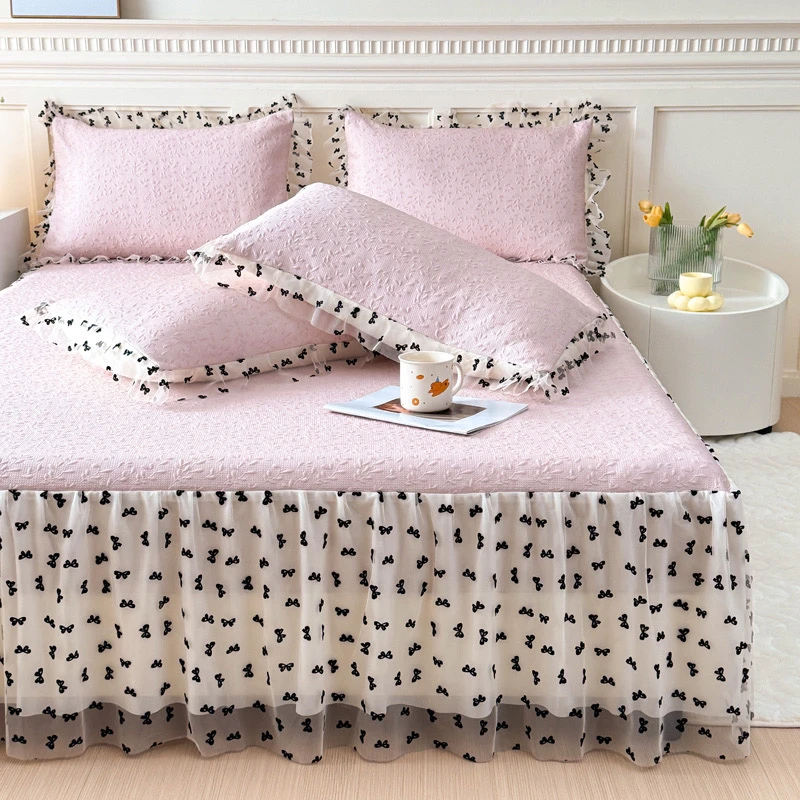 2025新款高端床裙三件套公主风凉感冰豆豆凉席夏季可机洗网红床品