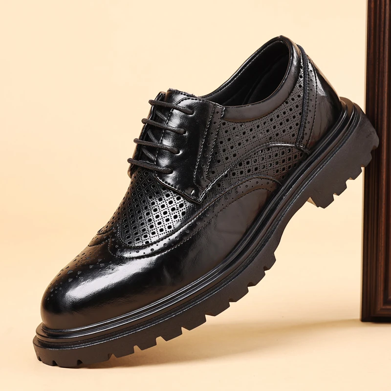 男鞋夏季新款百搭布洛克镂空透气软底商务休闲皮鞋8620