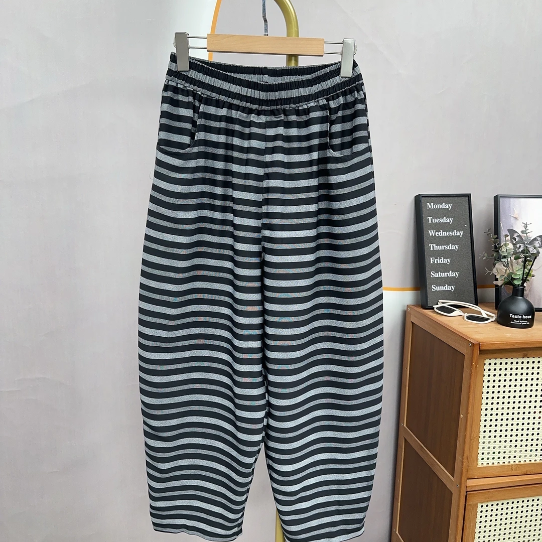老高推荐时尚百搭条纹松紧腰大码显瘦哈伦九分休闲裤