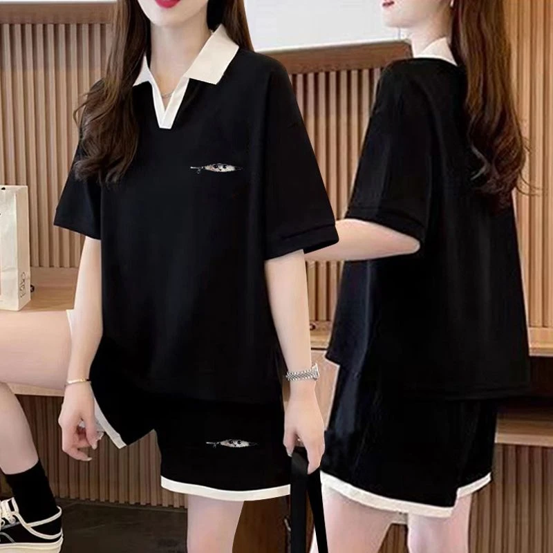 时尚显瘦大码100%纯棉Polo龄短袖短裤两件套女2025夏季新款一整套