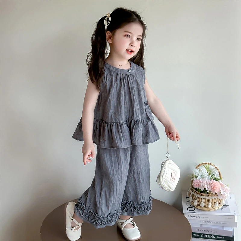 女小童荷叶边无袖衬衫阔腿裤套装夏季女宝宝时尚洋气两件套潮