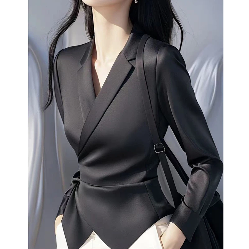 法式气质V领掐腰衬衫女春季新款妈妈高级感轻奢黑色修身显瘦上衣