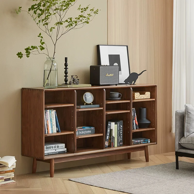 北欧实木书架黑胡桃樱桃木落地书柜格子置物架